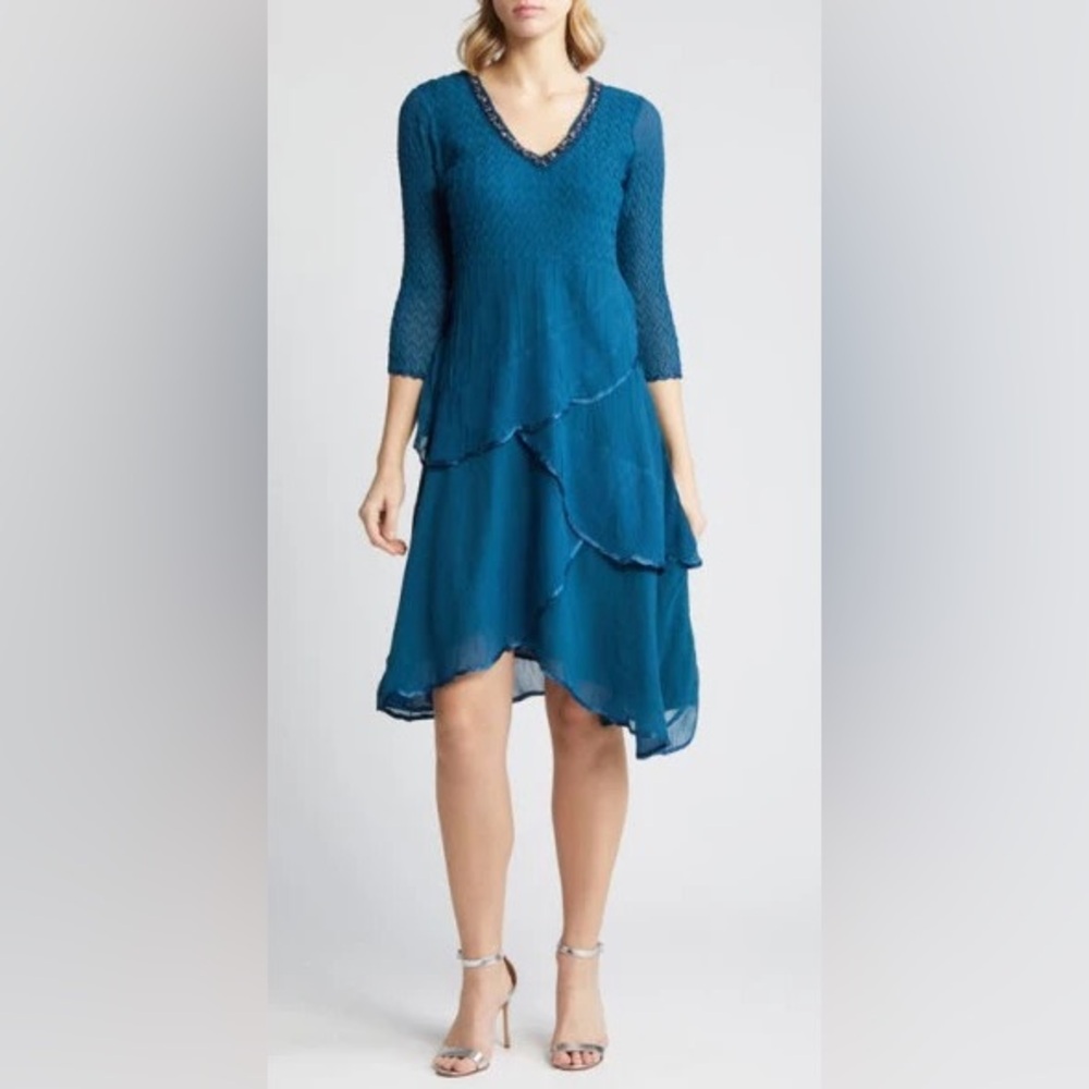 KOMAROV Beaded Tiered Chiffon Cocktail Dress in Mediterranean Blue. Size S
#63